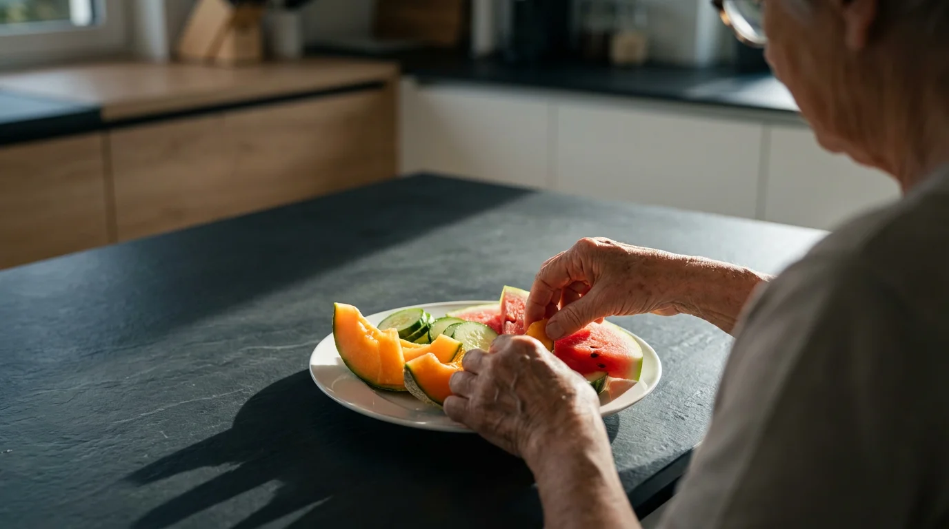 Over-the-shoulder view of a senior's hands arranging a colorful fruit plate in a kitchen.