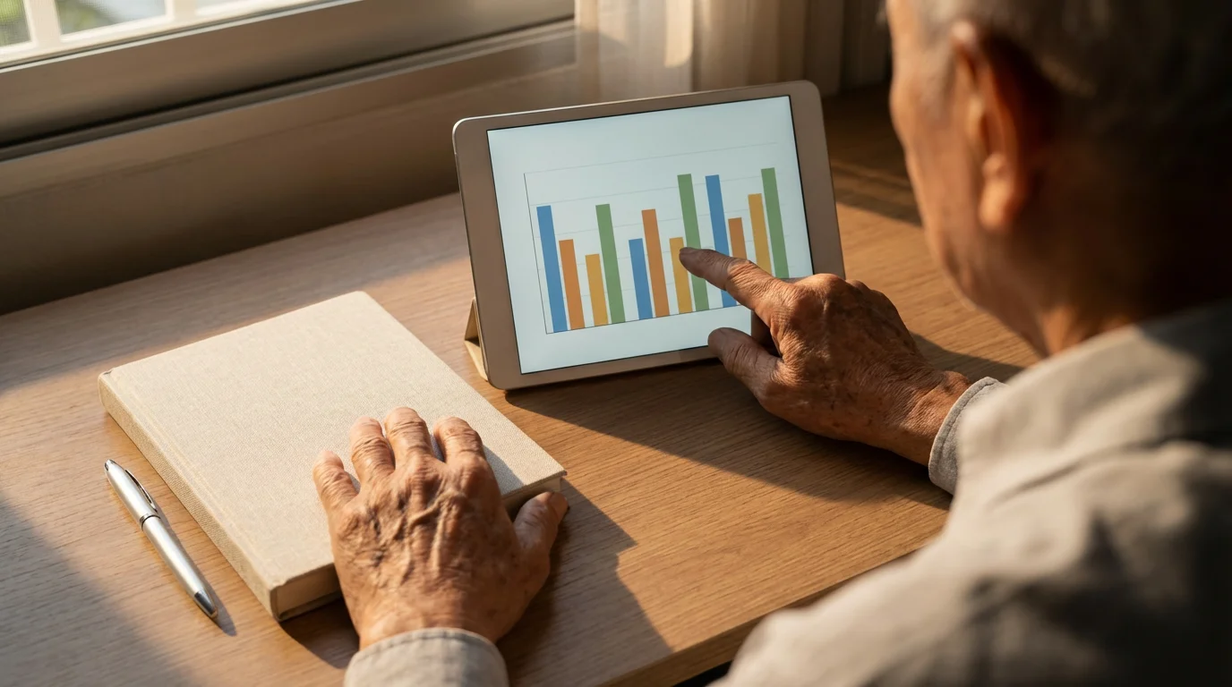 Over-the-shoulder view of a senior's hands reviewing a bar chart on a tablet.