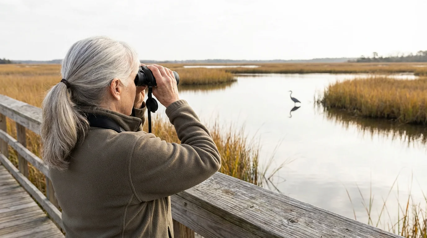 Over-the-shoulder view of a woman birdwatching with binoculars in a peaceful wetland setting.