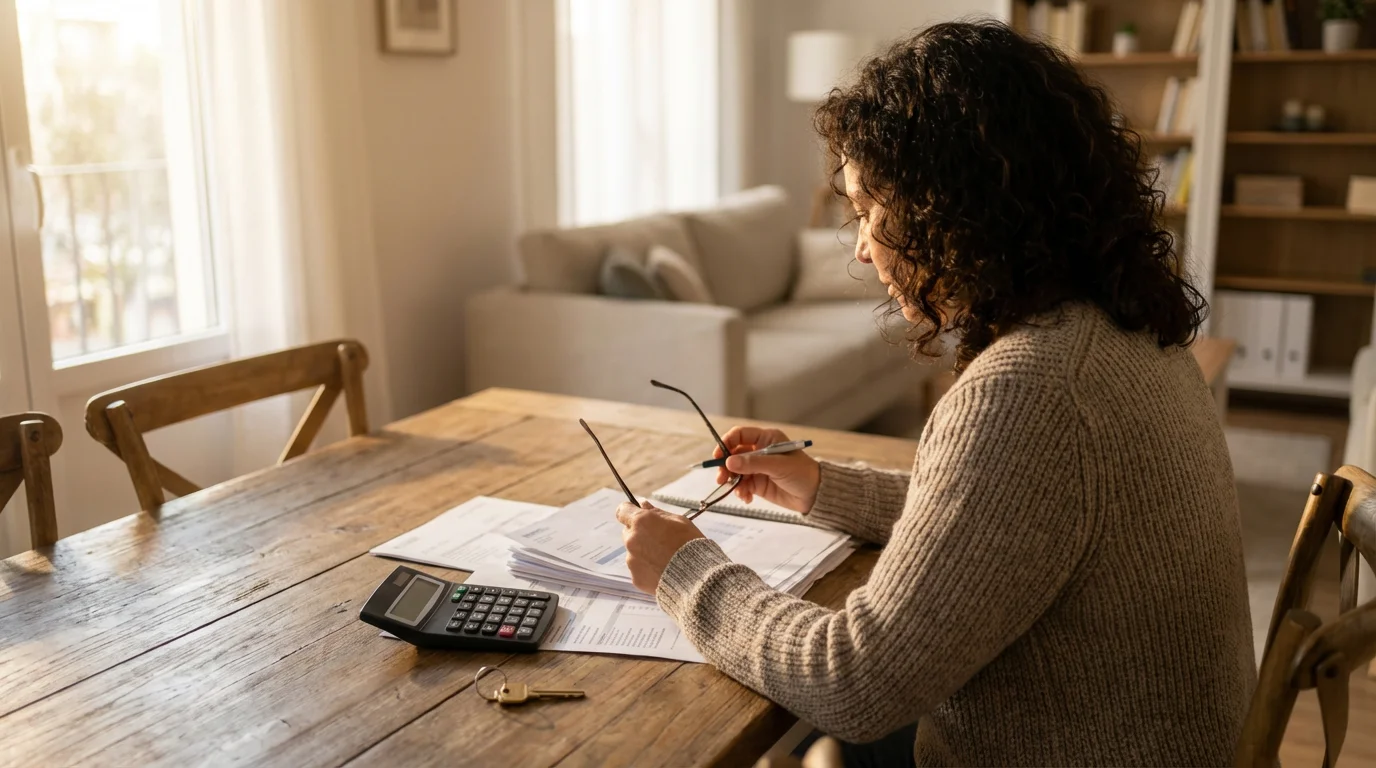 Over-the-shoulder view of a woman reviewing financial documents and a house key on a table.