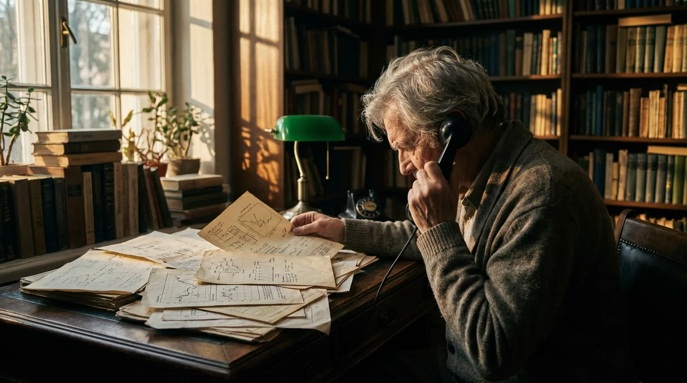 Over-the-shoulder view of an elderly man on the phone looking at confusing financial papers.