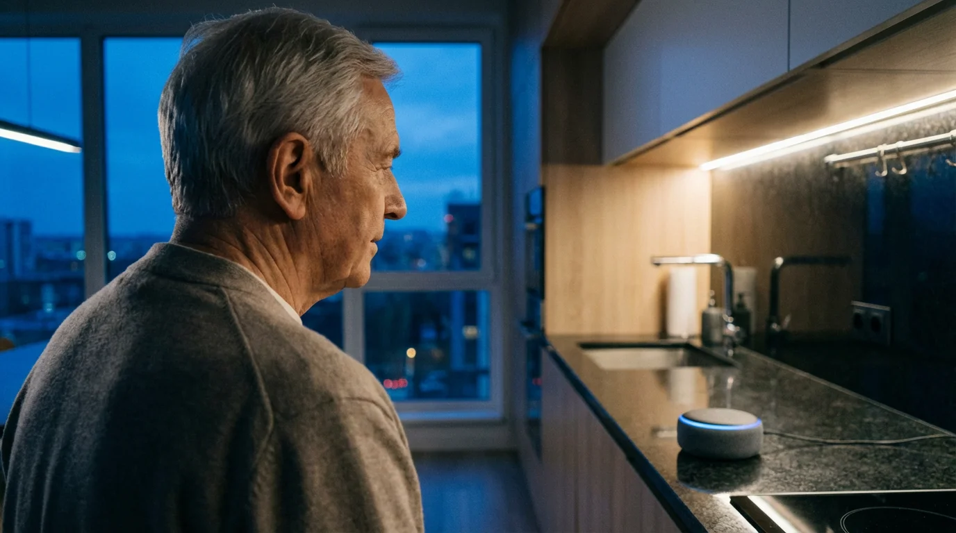 Over-the-shoulder view of an elderly man using a voice-activated smart speaker in his kitchen.