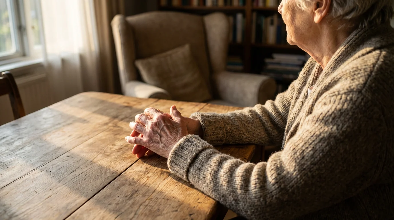Over-the-shoulder view of an elderly woman's hands resting on a wooden table, showing arthritis.