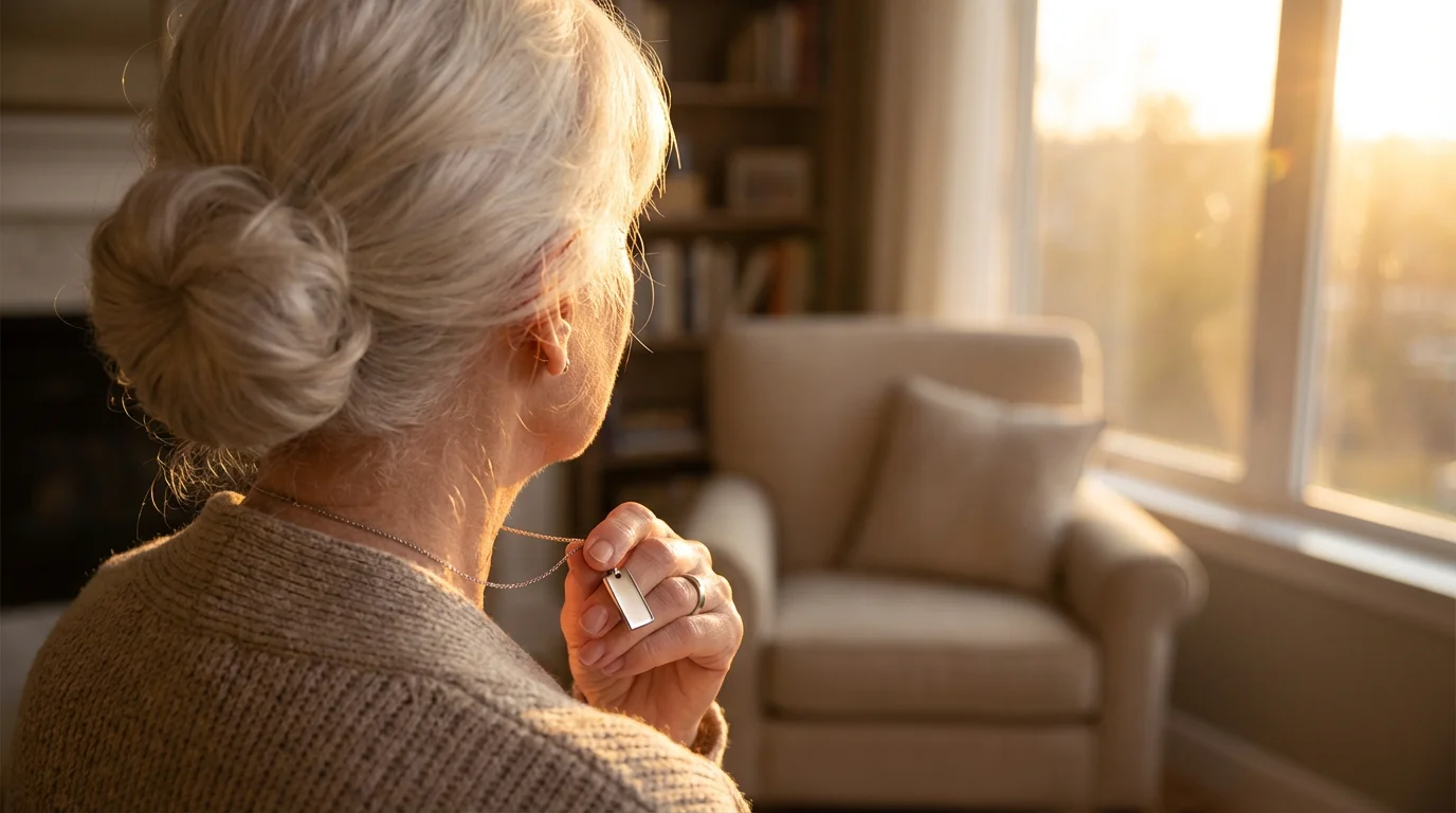 Over-the-shoulder view of an older woman touching her modern medical alert system pendant at home.