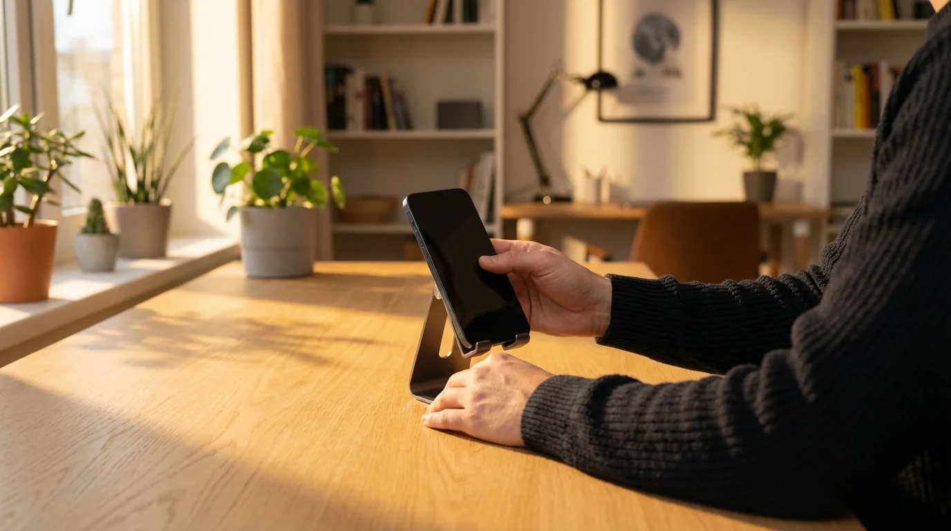 Over-the-shoulder view of hands placing a smartphone on a stand during golden hour.