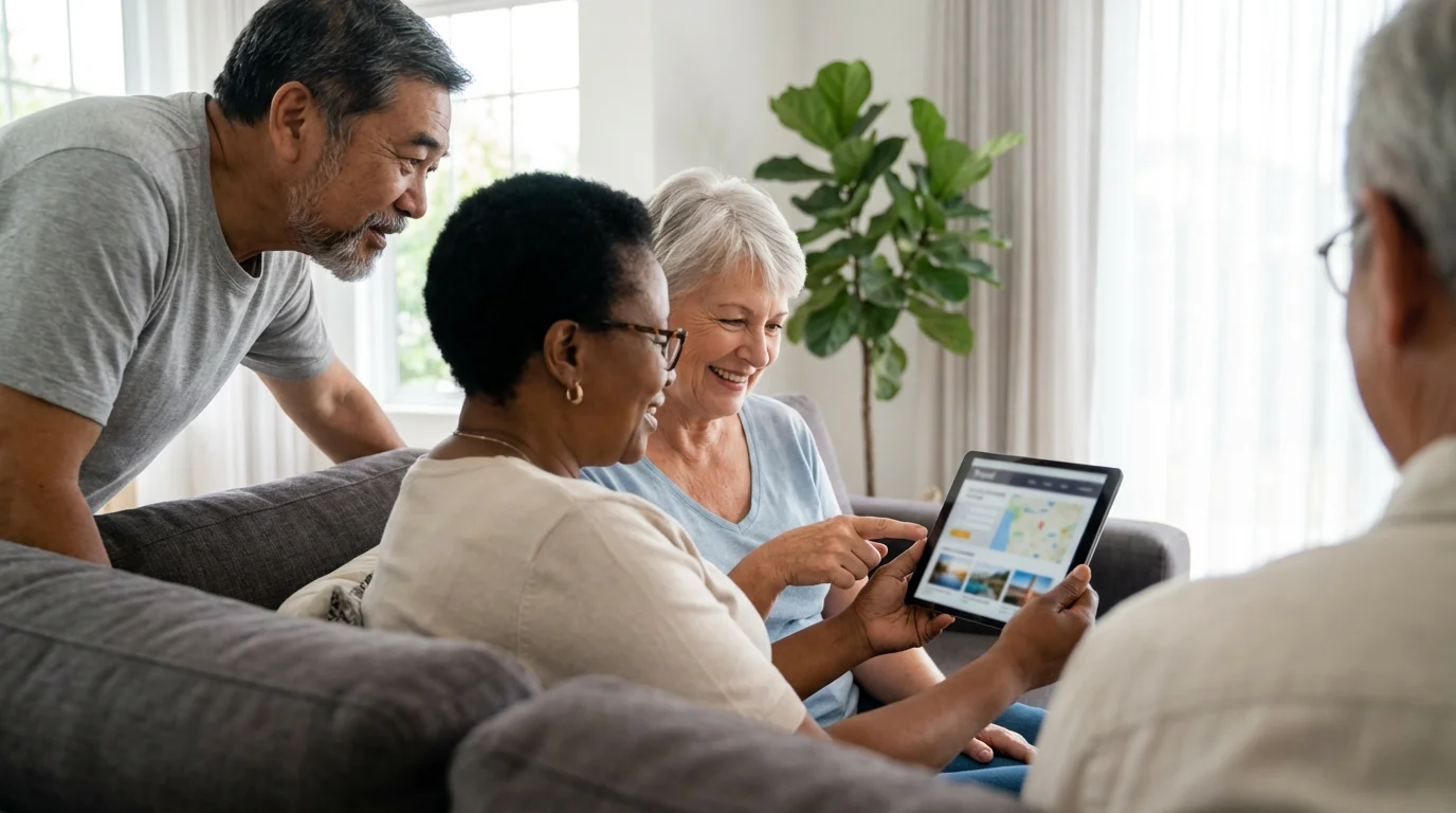 Over-the-shoulder view of three senior friends happily planning a group trip on a tablet.