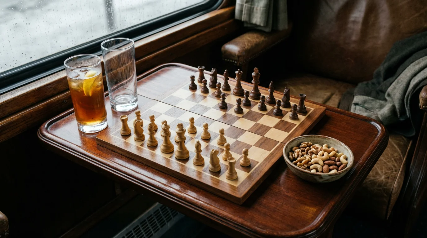 Overhead view of a chess game and drinks on a small table in a train.