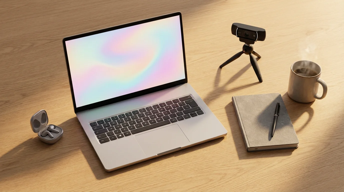 Overhead view of a desk with a laptop, headphones, and notebook for video calling.