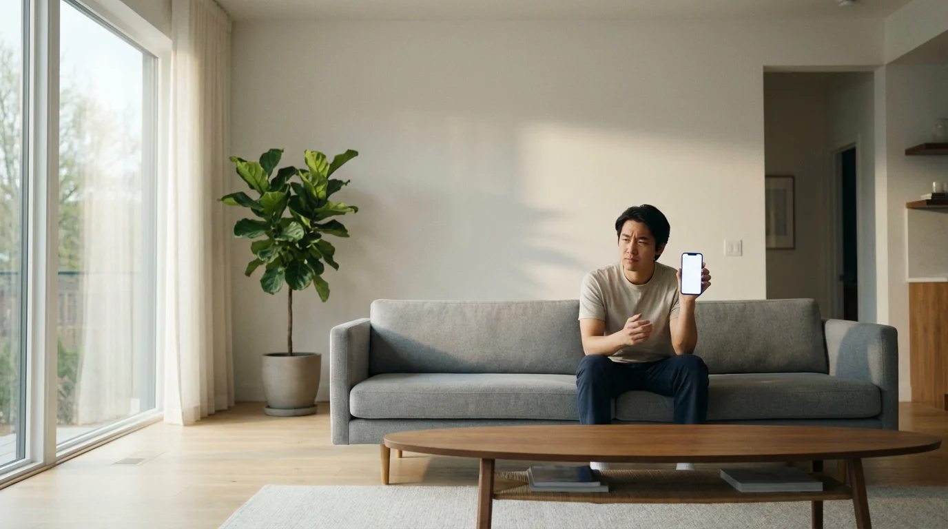 Person in sunlit living room skeptically reviewing a message on their smartphone.