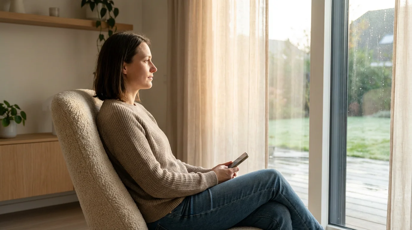 Person sitting thoughtfully by a window in the morning light holding a smartphone.