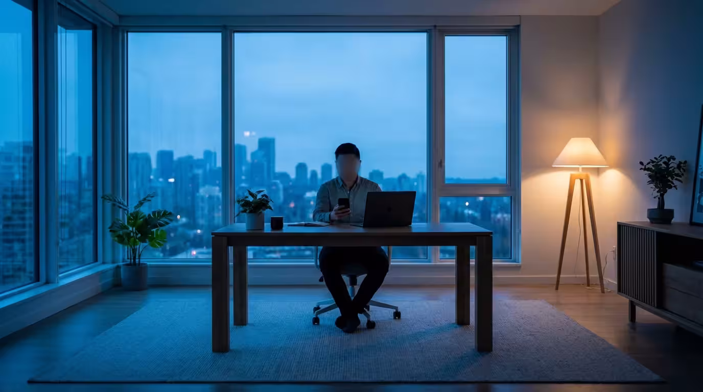Person using a phone and laptop in a modern home office at dusk.