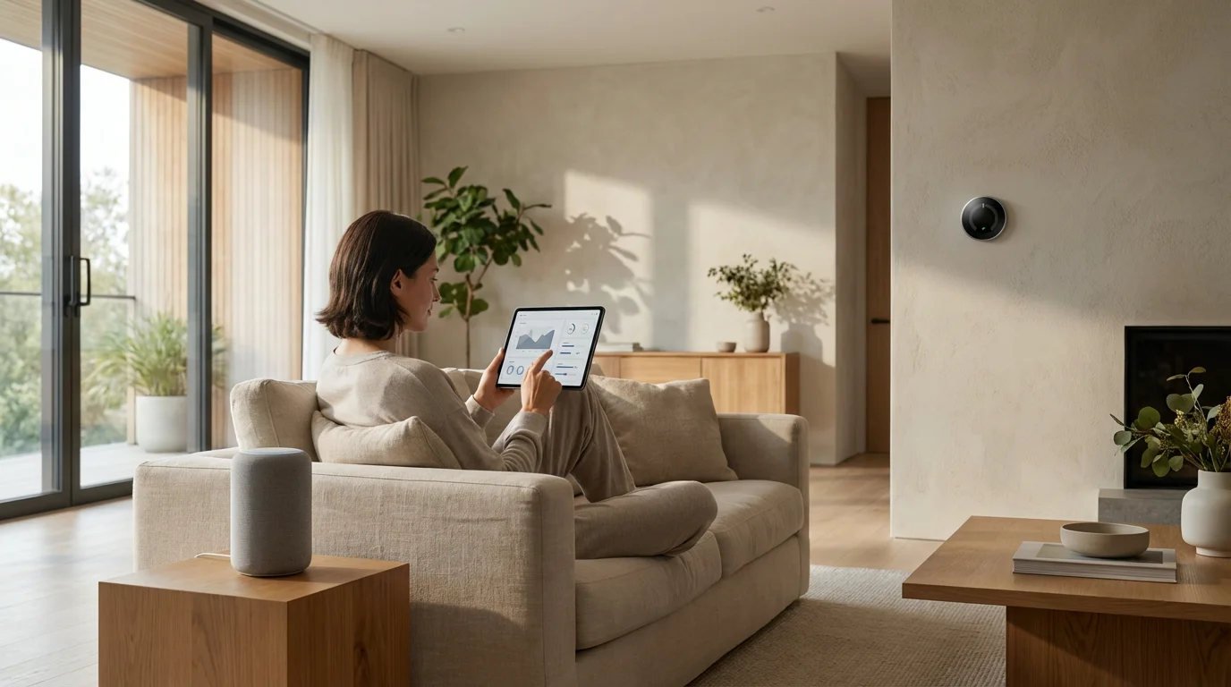 Person using a tablet in a living room to manage smart home security settings.