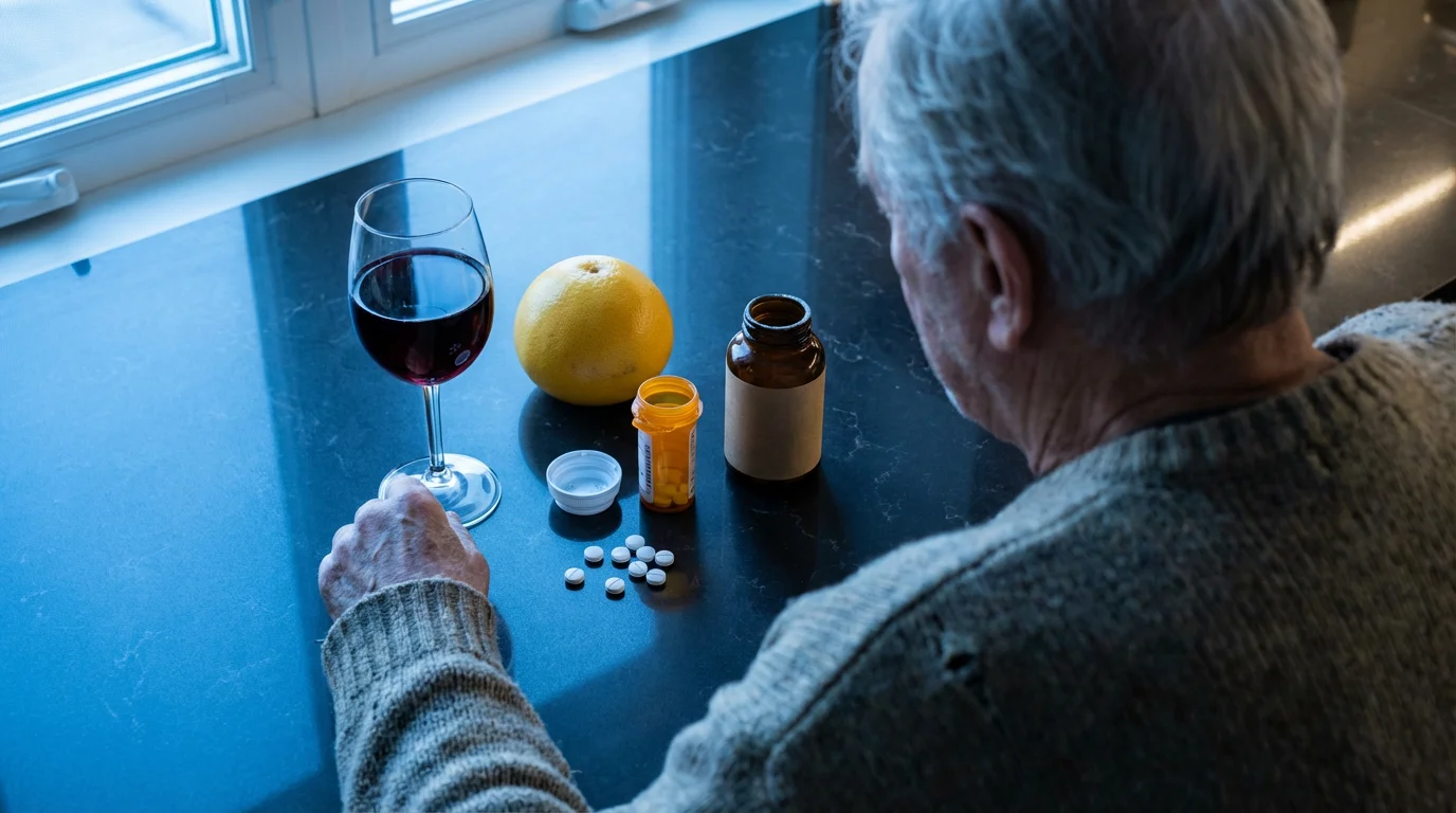 Pills, a glass of wine, and a grapefruit on a kitchen counter at dusk.
