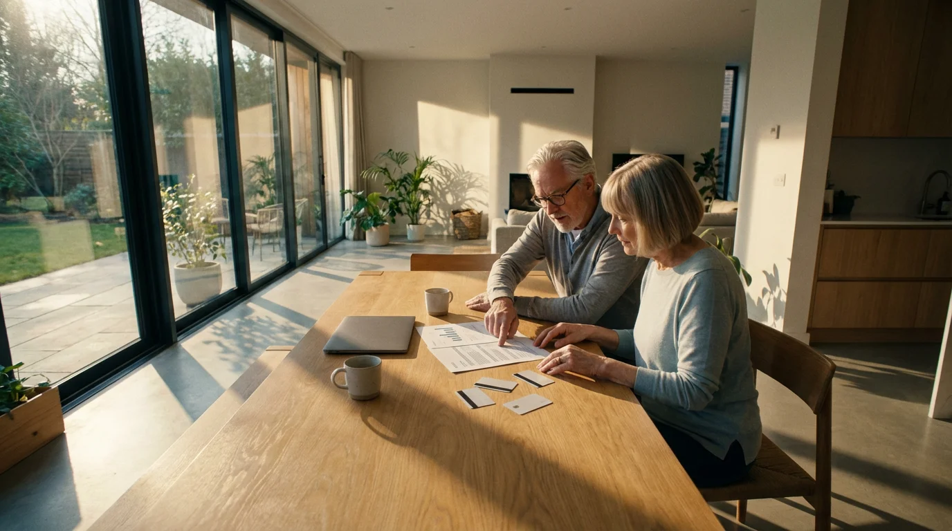 Senior couple at a dining table in the afternoon reviewing credit cards and finances.