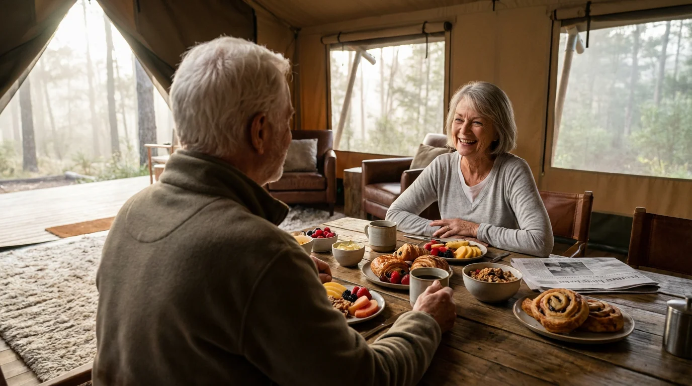 Senior couple enjoying a gourmet breakfast inside a luxurious glamping tent during the morning.
