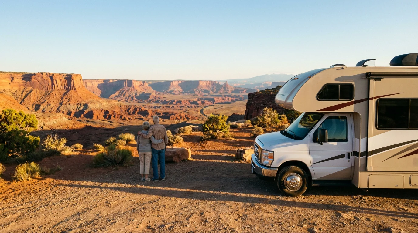 Senior couple enjoying a scenic desert view from their RV at golden hour.