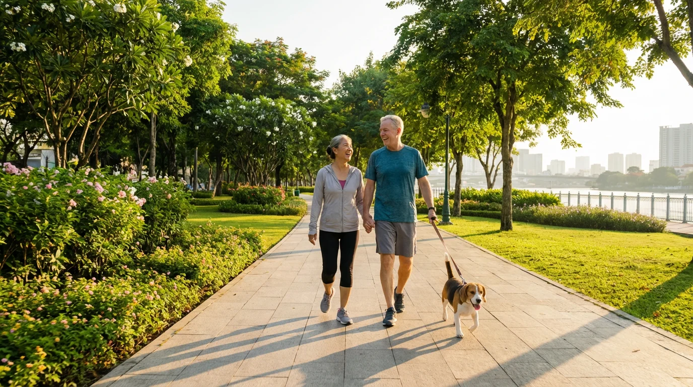 Senior couple enjoys a morning walk with their Beagle dog in a beautiful park.