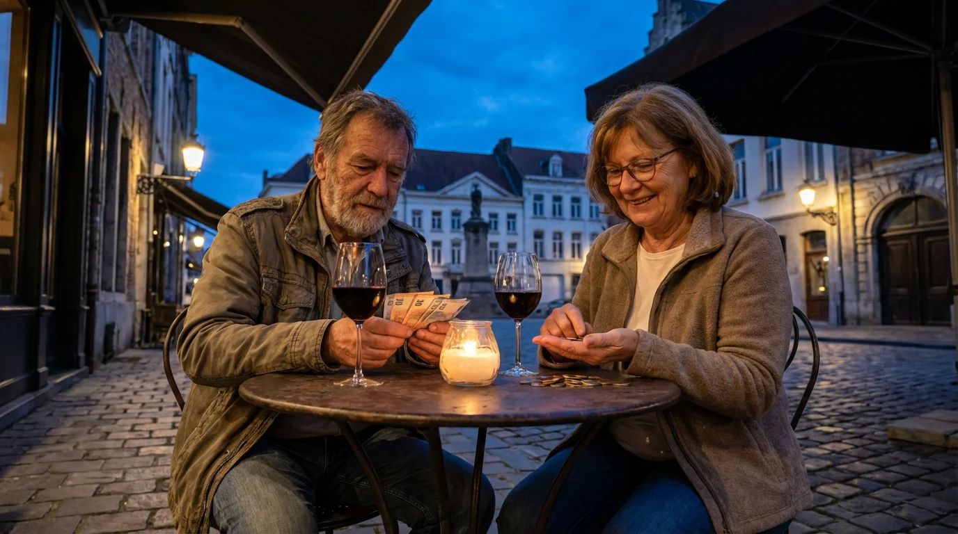 Senior couple happily budgeting with Euros at an outdoor European cafe during blue hour.