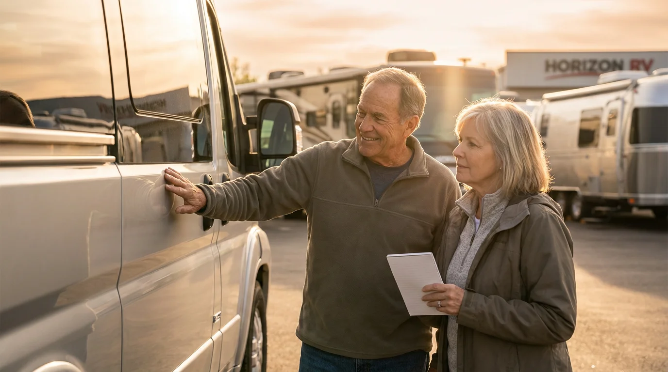 Senior couple happily inspecting a modern campervan at a dealership during a warm sunset.