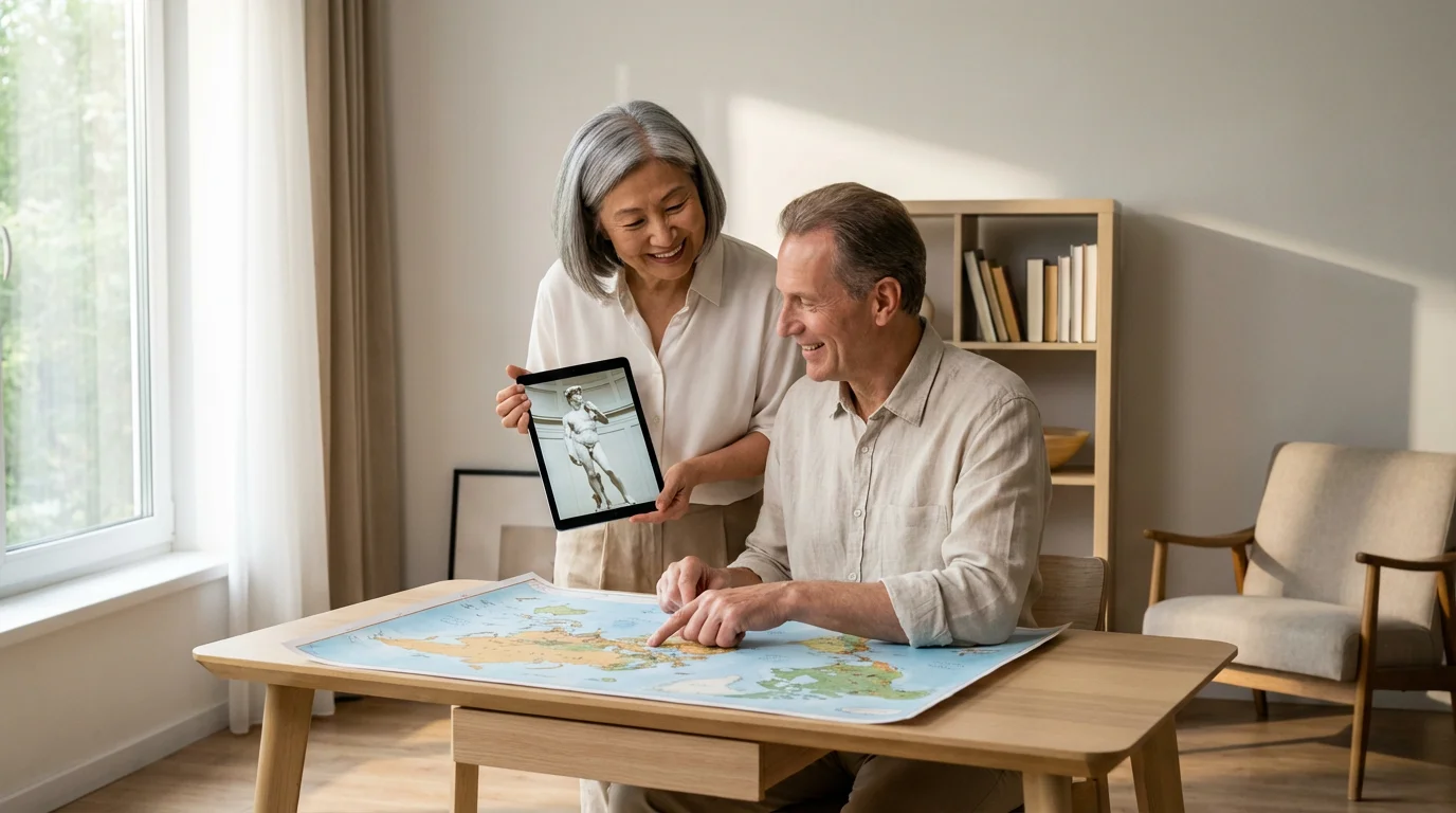 Senior couple happily planning a museum-focused trip in a sunlit room with a map.