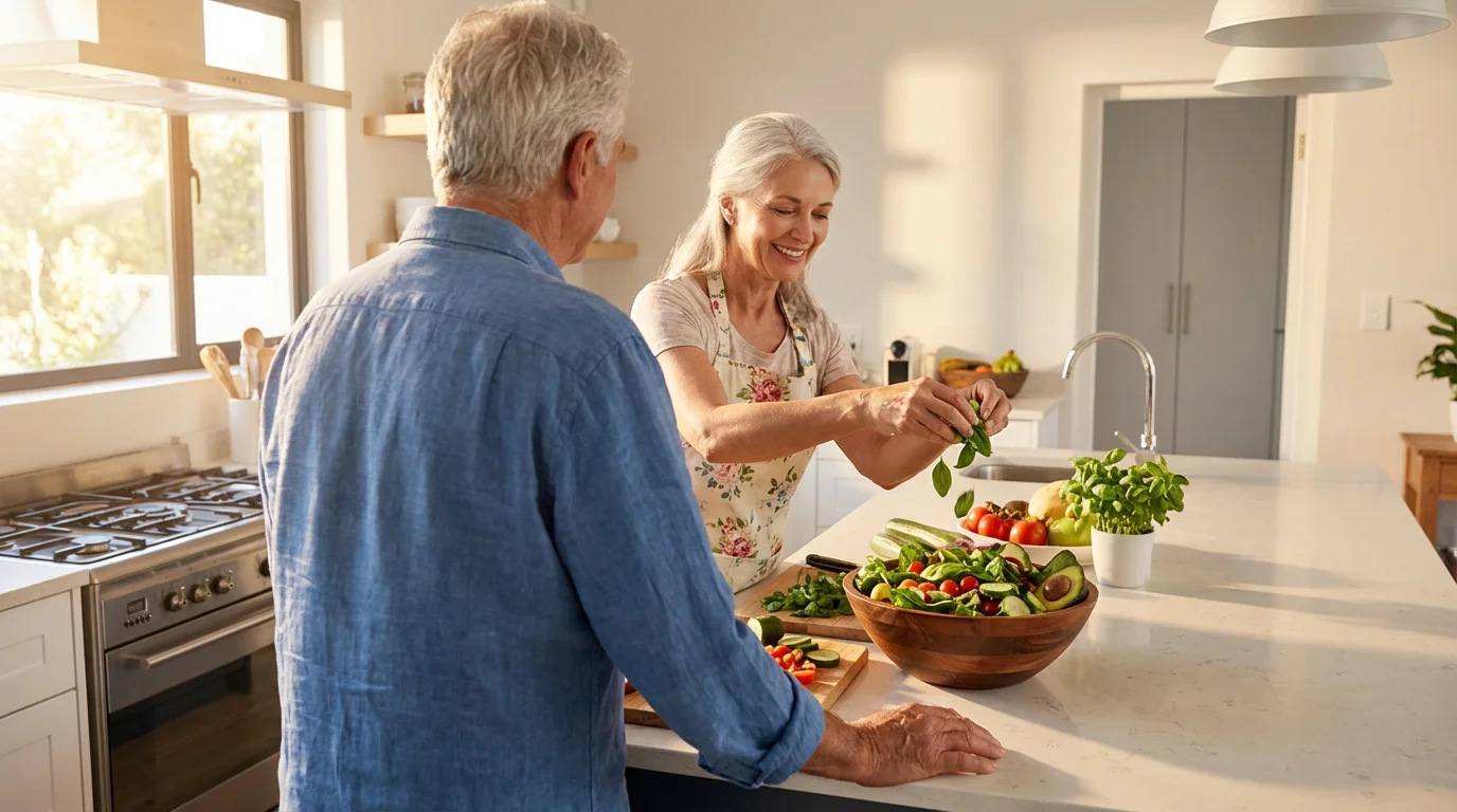 Senior couple happily preparing a fresh, healthy salad together in a warm, sunlit kitchen.