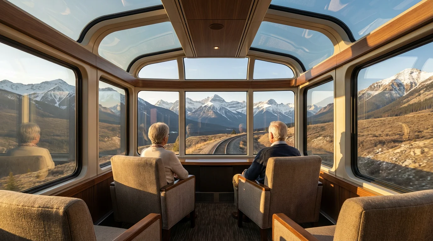 Senior couple in a glass-domed train observation car enjoying a scenic mountain view.