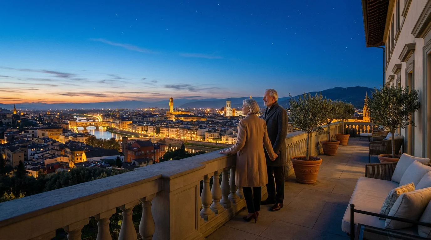 Senior couple on a hotel balcony overlooking a European city at blue hour.