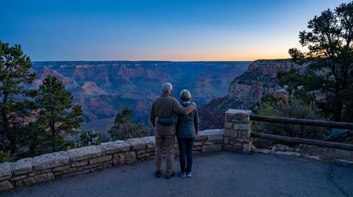 Senior couple on an accessible overlook watching a canyon view during blue hour.