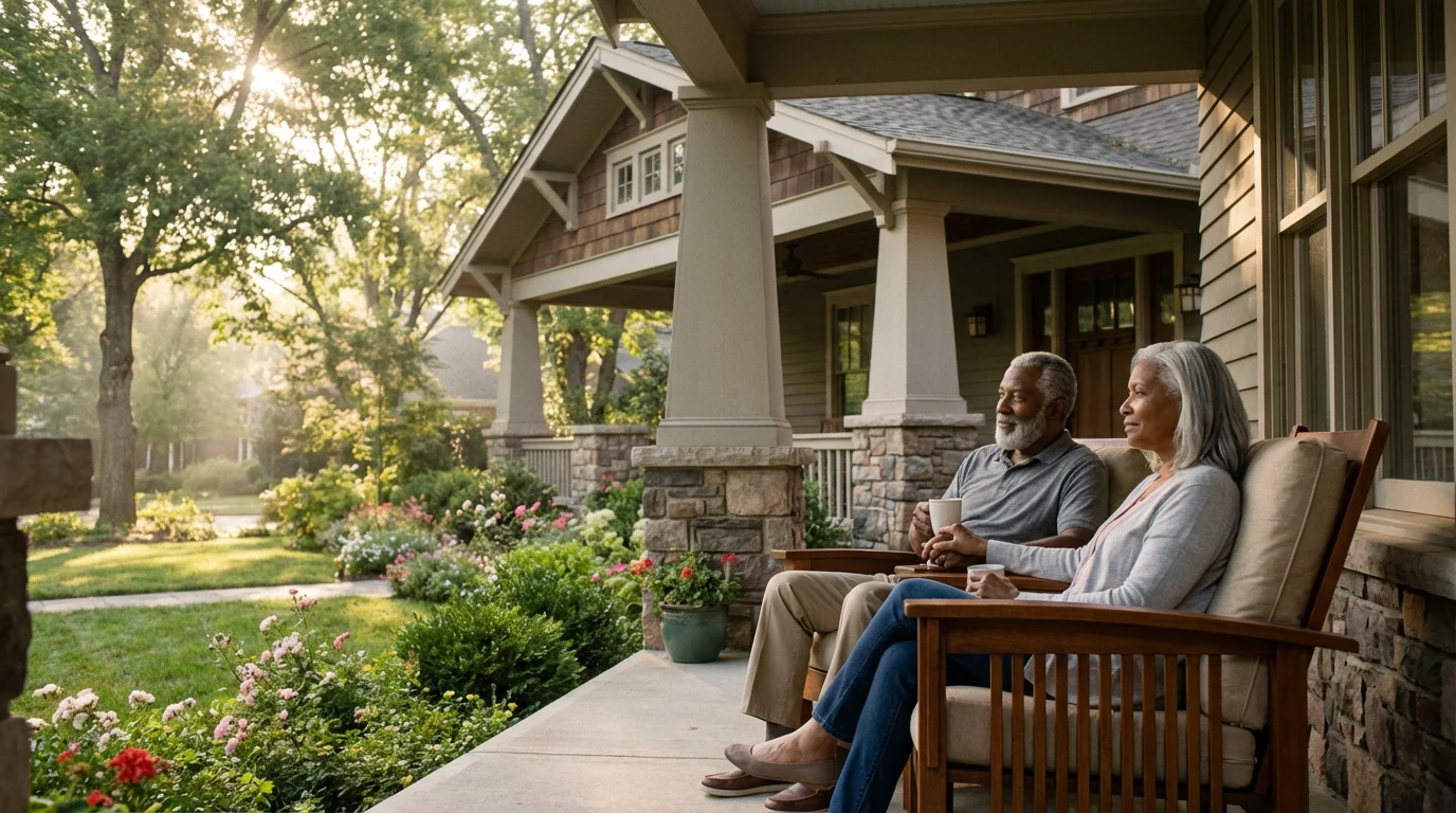 Senior couple on their front porch in the morning light discussing their home's future.