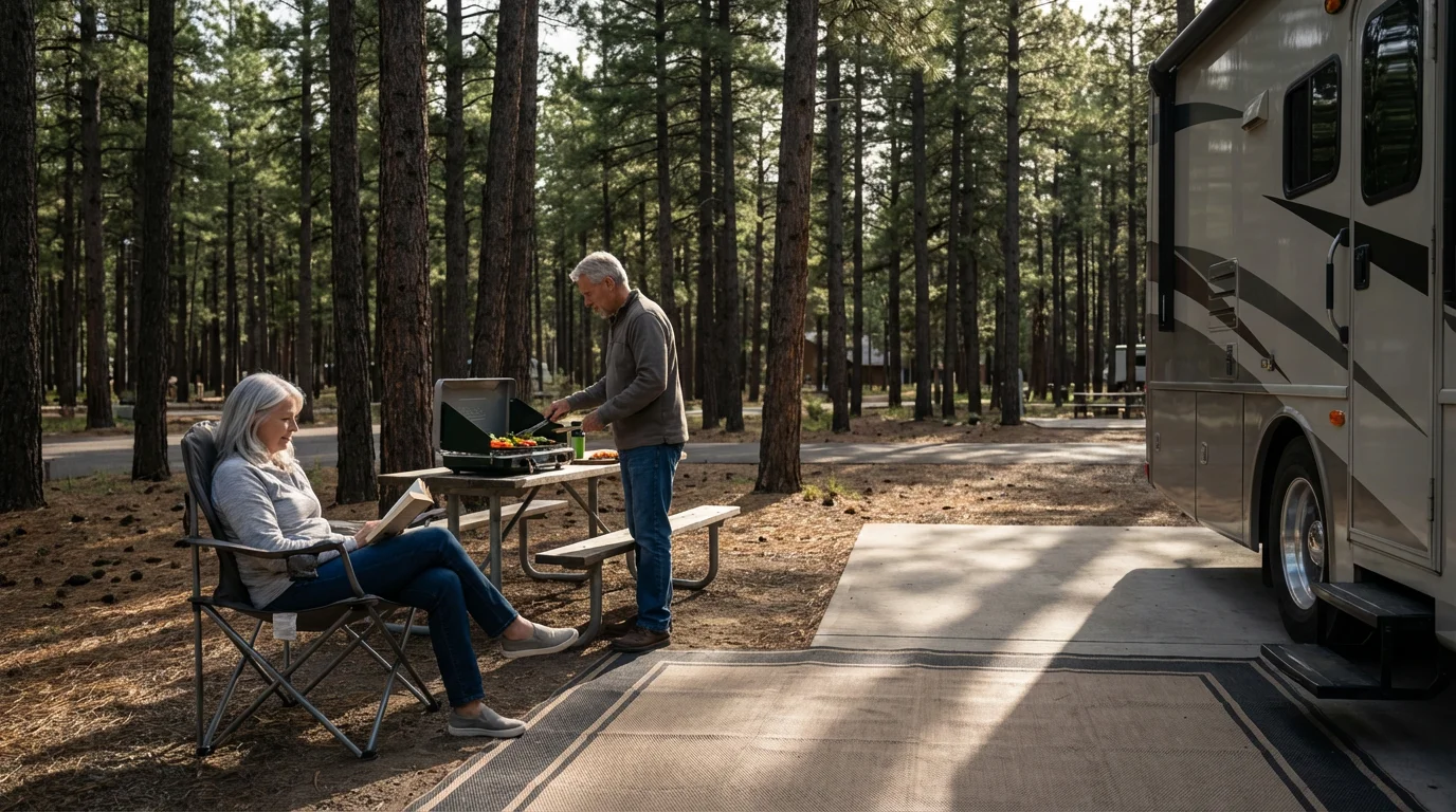Senior couple relaxing at their wooded RV park campsite in the late afternoon sun.