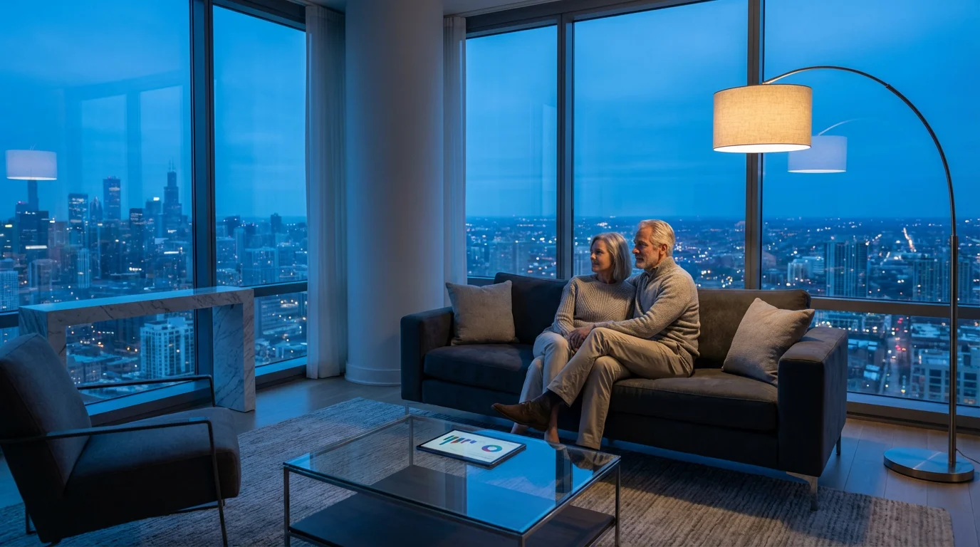 Senior couple relaxing in modern living room with a tablet displaying financial charts.