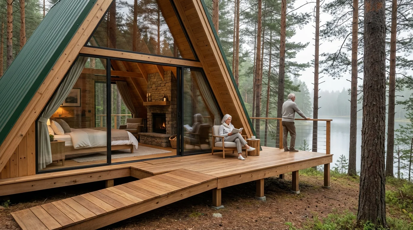 Senior couple relaxing outside a luxurious, accessible glamping cabin in a peaceful forest setting.