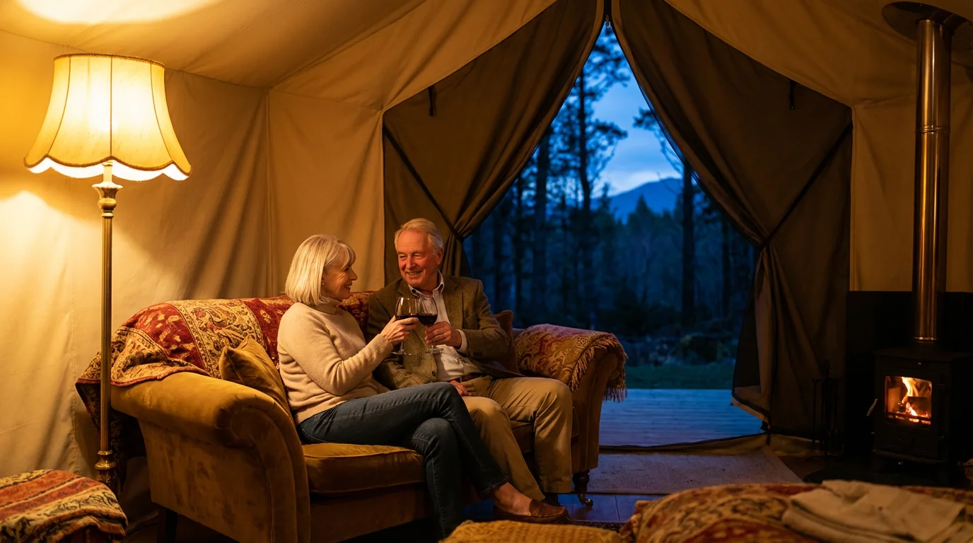 Senior couple relaxing with wine inside a luxury glamping tent at twilight.
