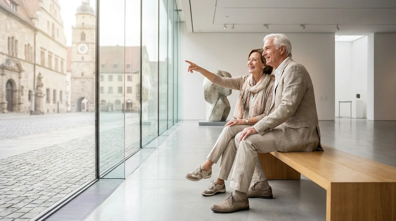 Senior couple rests on a museum bench, enjoying a sunny city view from a window.