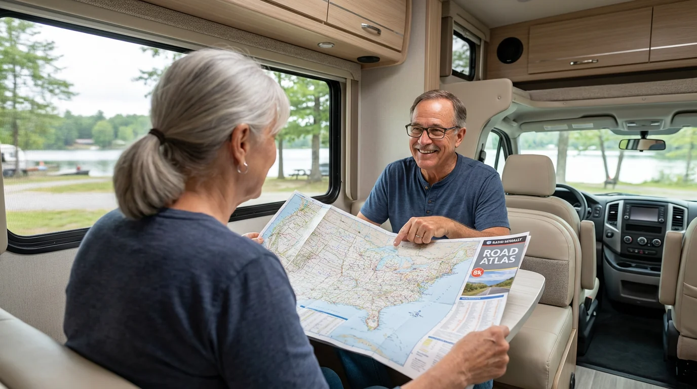 Senior couple sitting inside a motorhome, happily planning their travel route on a map.