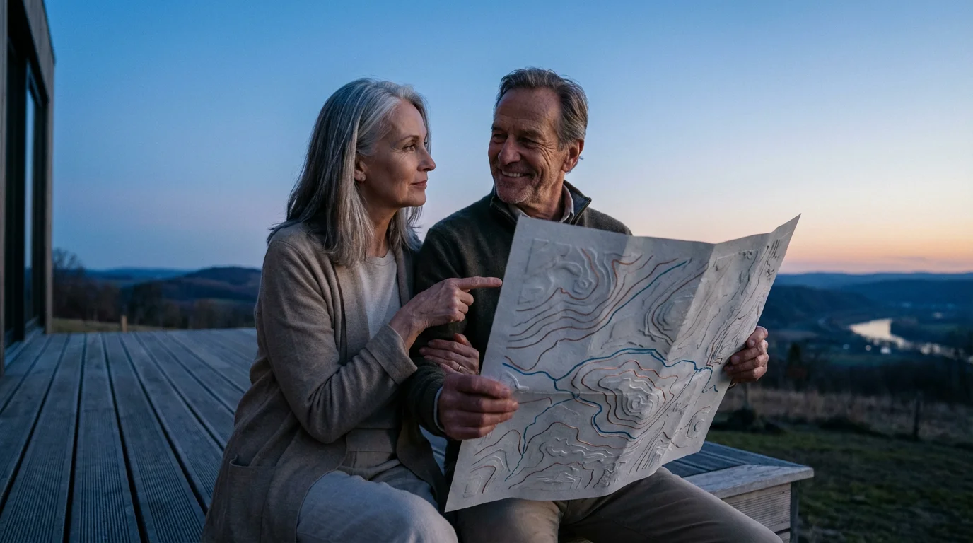 Senior couple thoughtfully studies an abstract map at a scenic overlook during blue hour.