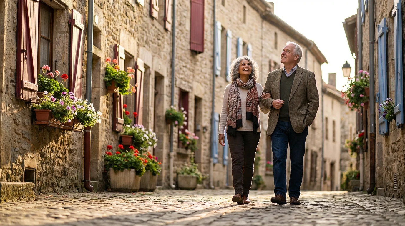 Senior couple walking on a cobblestone street in a historic European town at sunset.