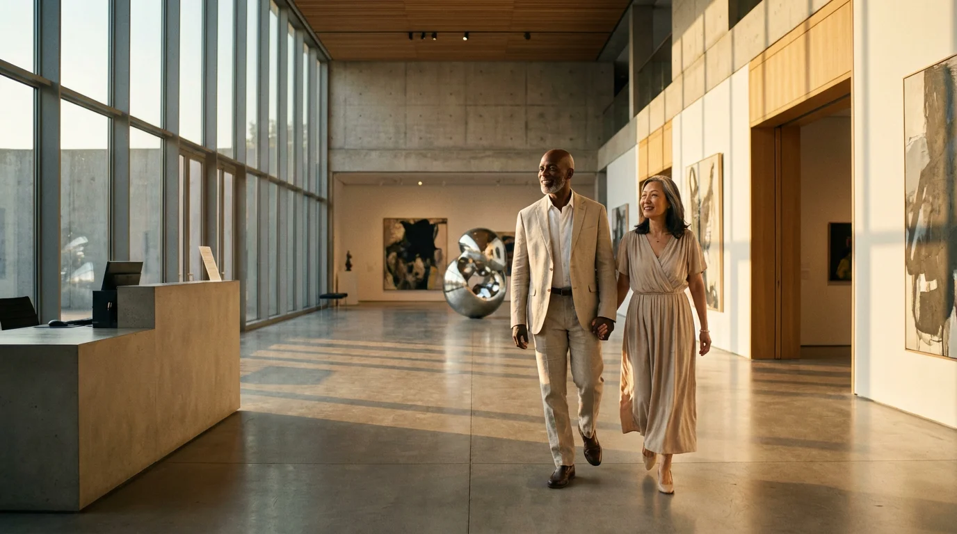 Senior couple walking through a modern, sunlit art museum lobby during golden hour.