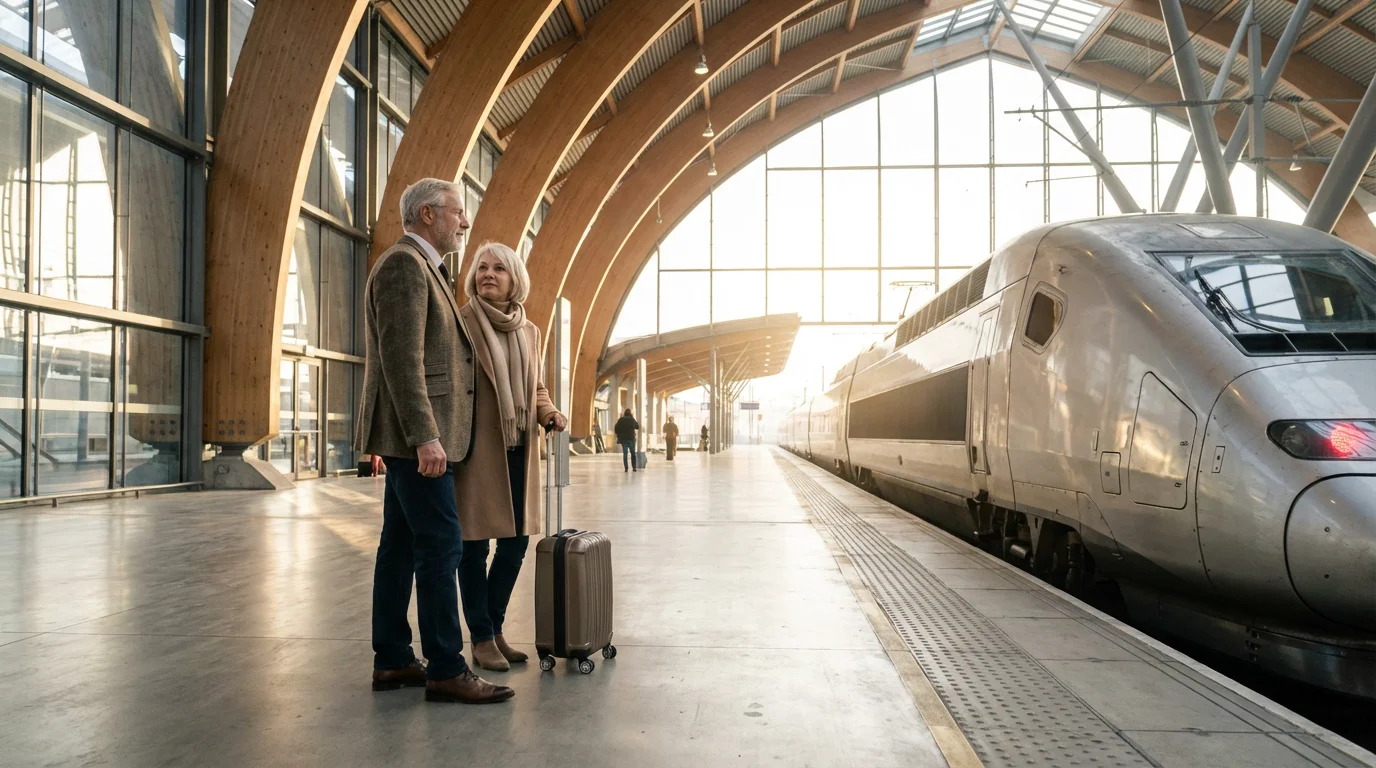 Senior couple with luggage waiting for a train in a large, modern station.