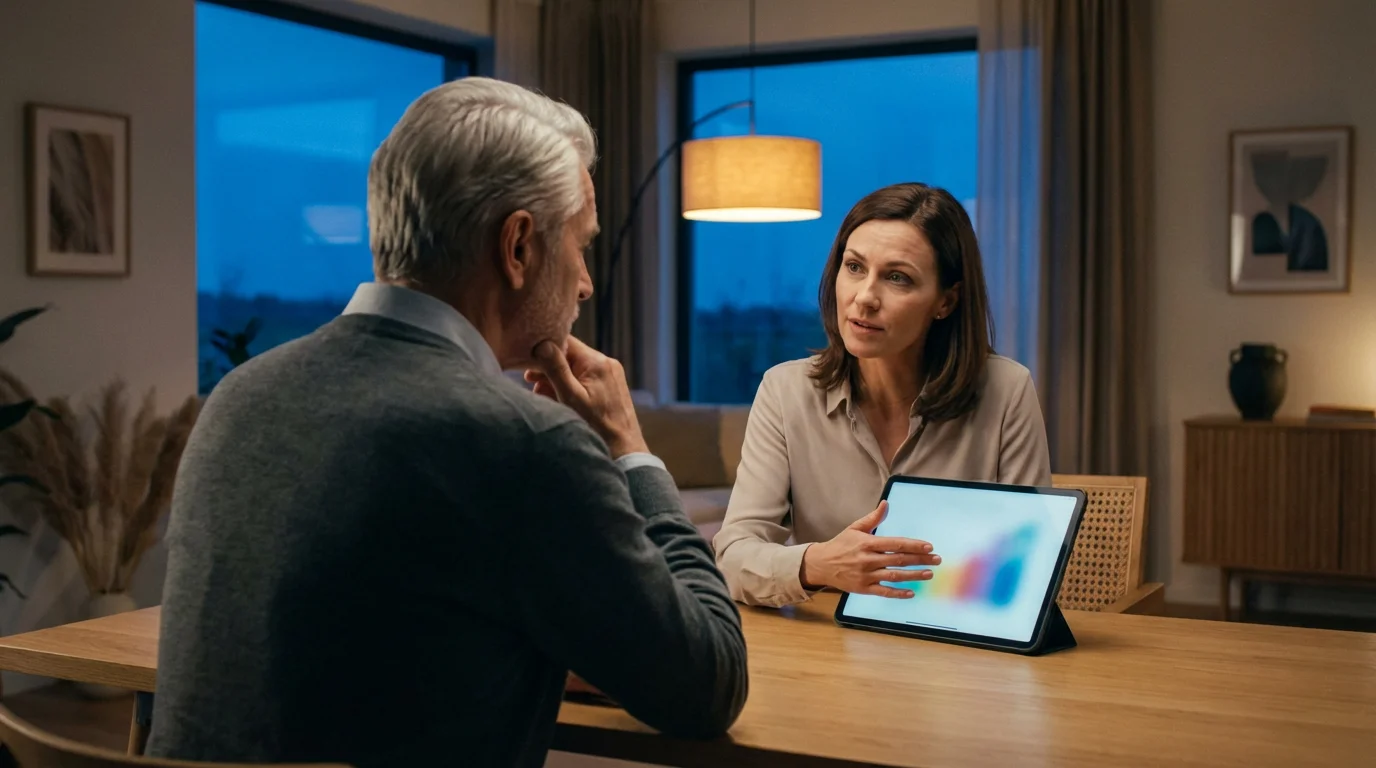 Senior man and female advisor discuss options on a tablet during the evening.