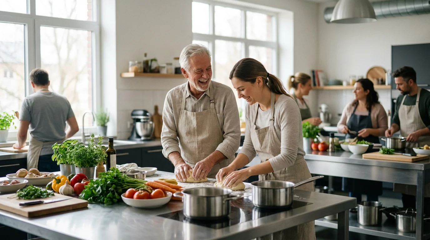 Senior man and younger woman laughing together during a bright, modern cooking class abroad.