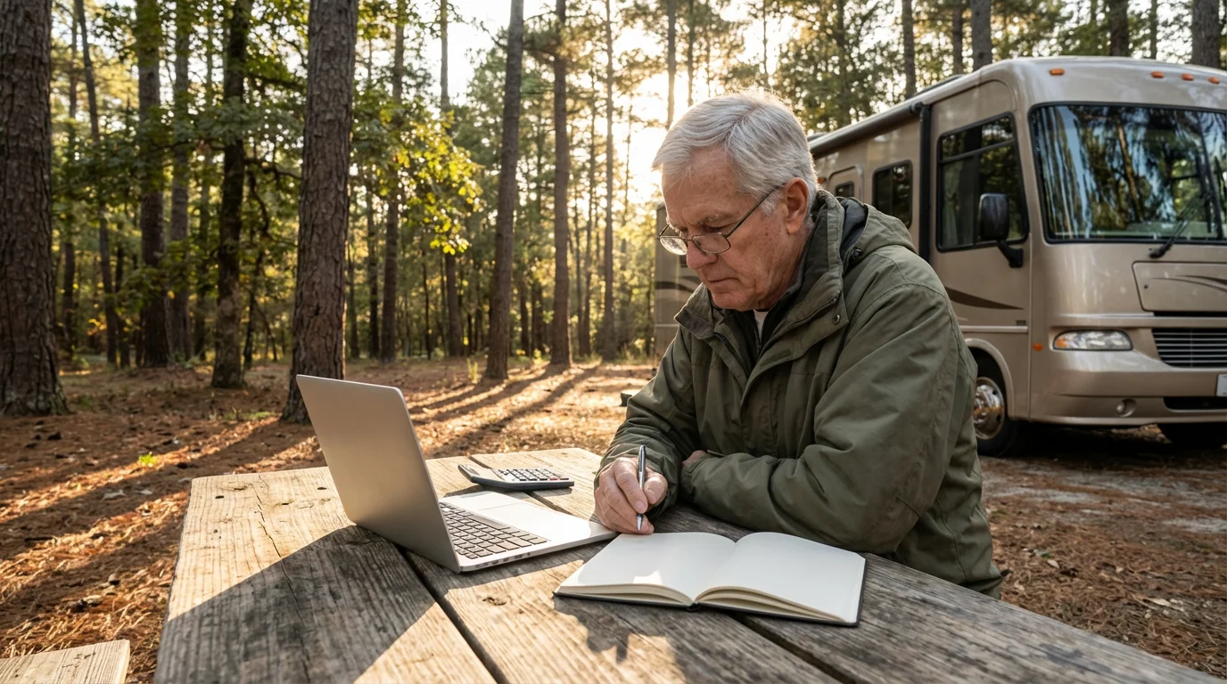 Senior man at a campsite picnic table planning an RV trip with his laptop.