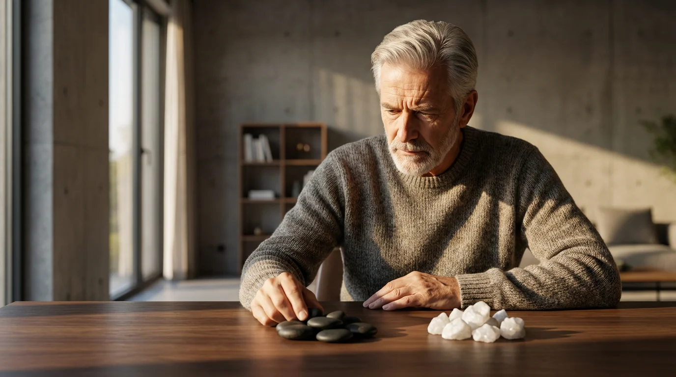 Senior man at a desk contemplating two piles of stones representing pros and cons.