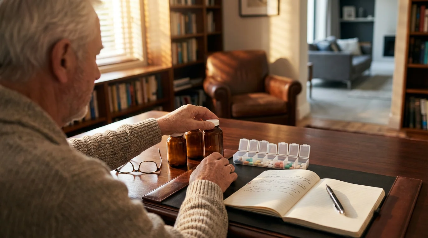 Senior man at a desk organizing pill bottles and notes after a doctor's visit.
