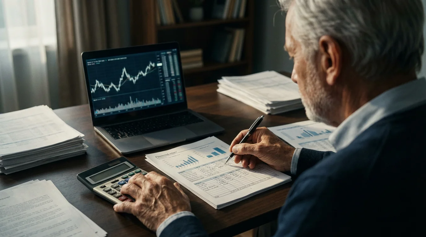 Senior man at a desk with a calculator and papers planning his retirement budget.