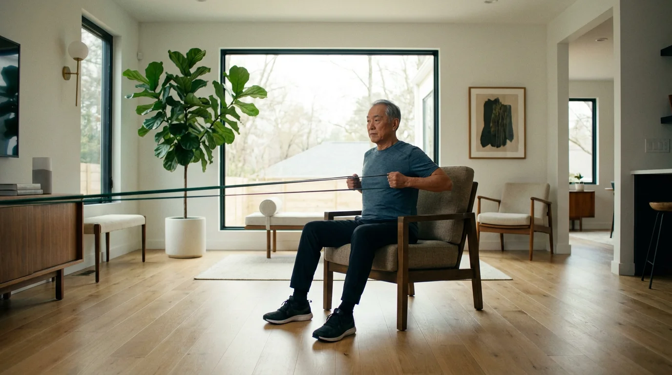 Senior man building strength with a resistance band in his sunlit living room.