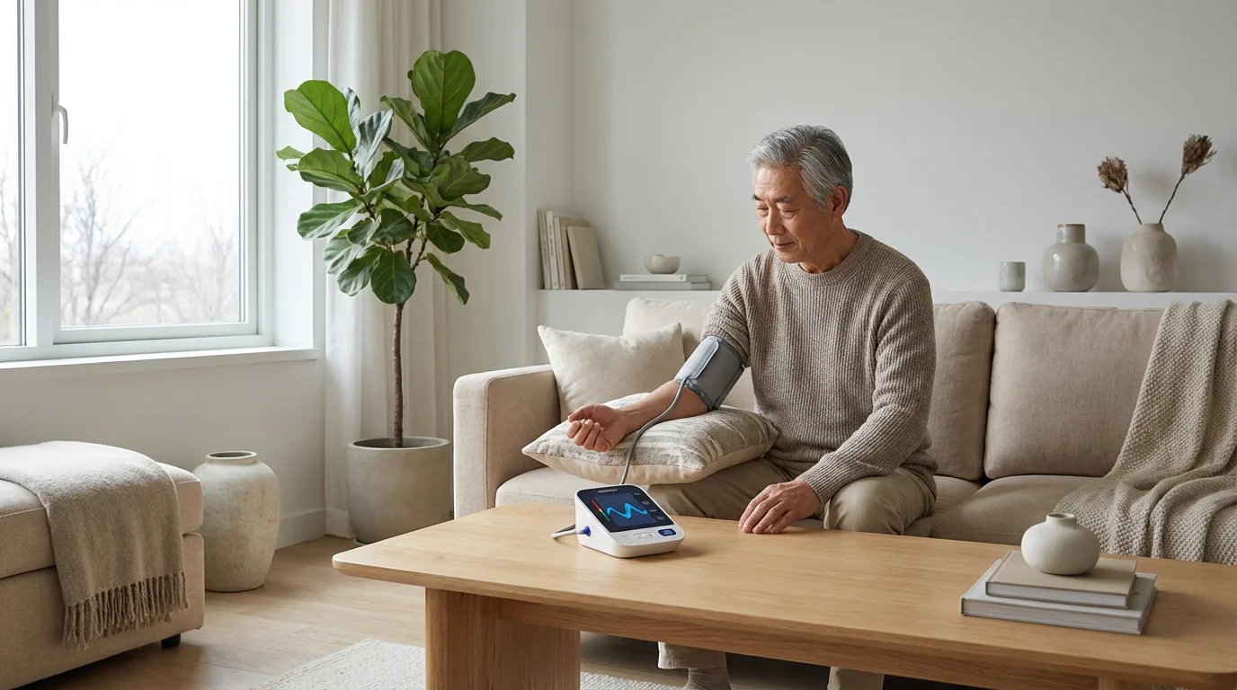 Senior man calmly checking his blood pressure in a bright, modern living room.