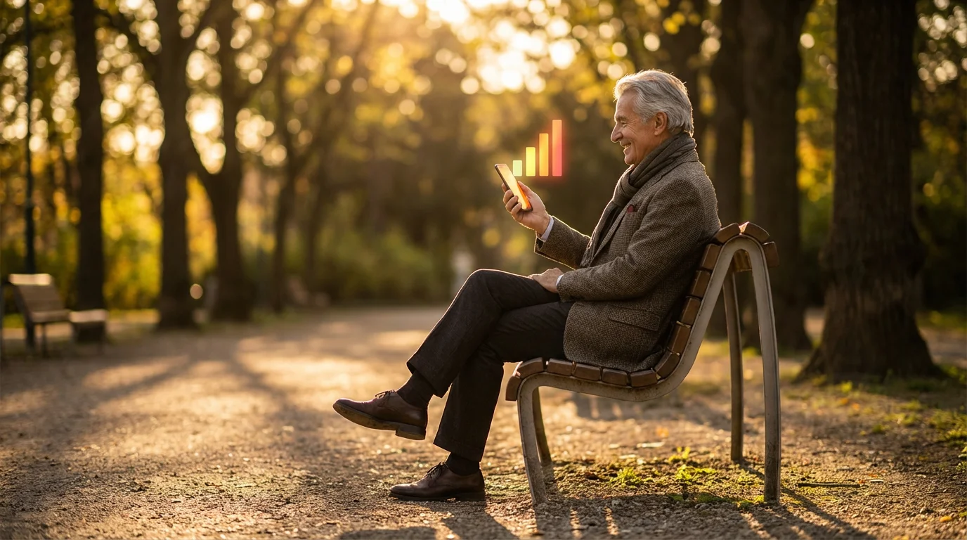 Senior man confidently using a financial app on his smartphone on a park bench.
