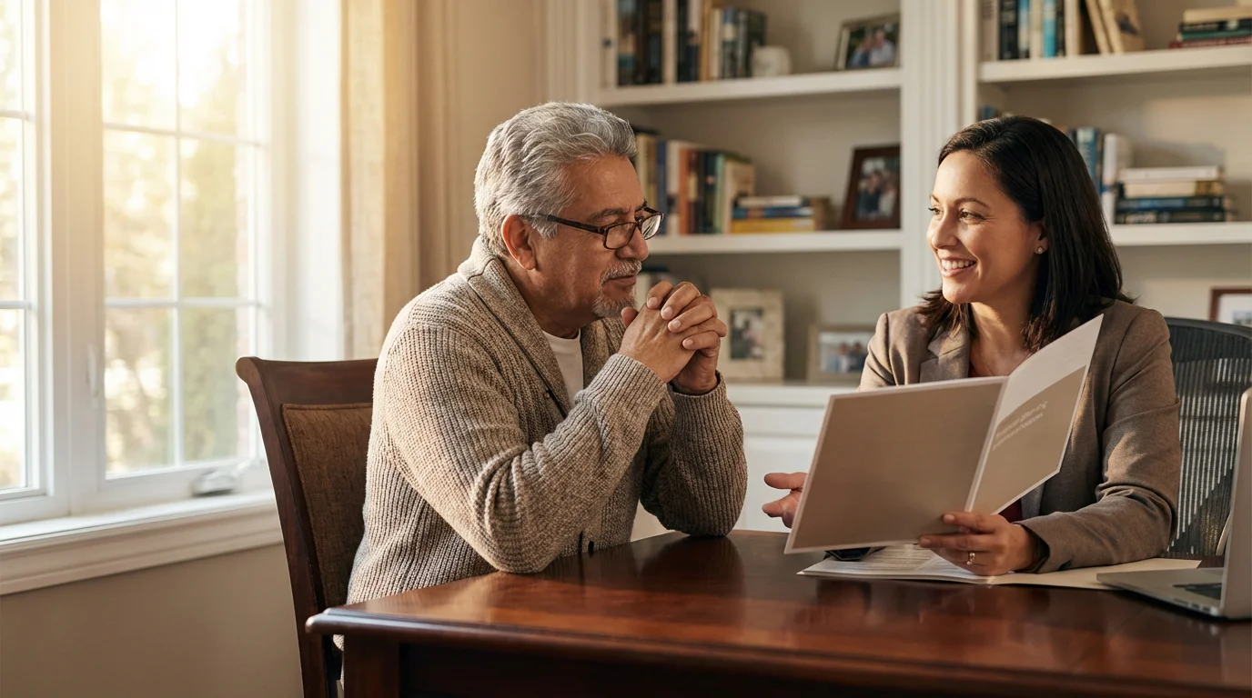 Senior man discusses retirement healthcare benefits with a professional advisor in a warm office setting.