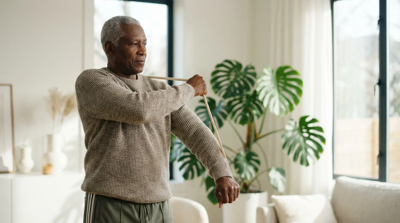 Senior man doing gentle resistance band stretches in a sunlit living room at home.